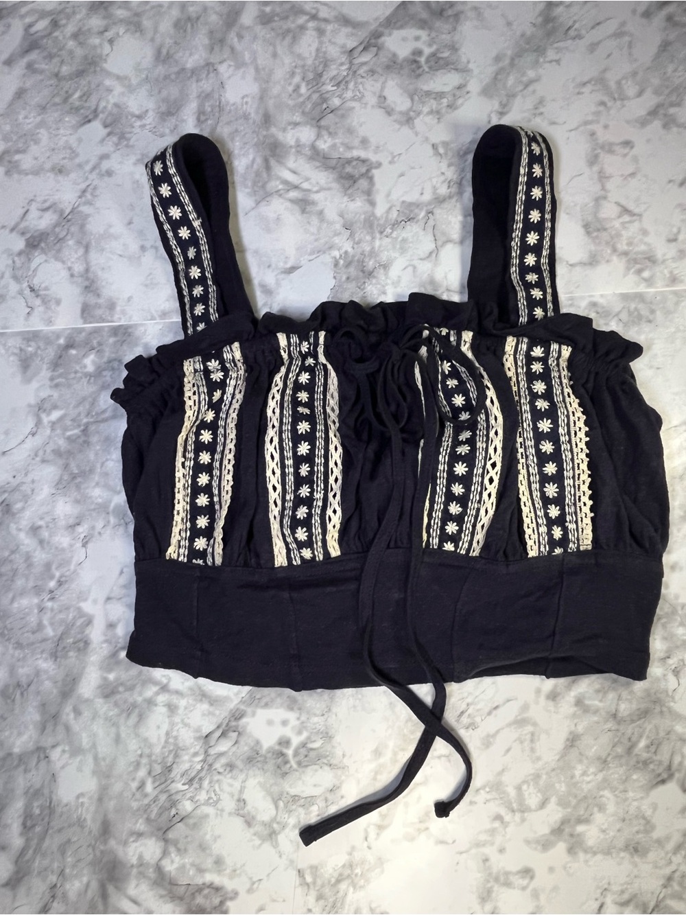 Free People Navy Cropped Tank with Cream Embroidered Stripes